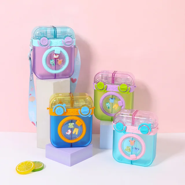 Creative Washing Machine Shaped Water Bottles with Straw,Leak Proof Cute Plastic Bottles with Adjustable Shoulder Strap, Juice Drinking Bottles for Outdoor Sports Travel image 0