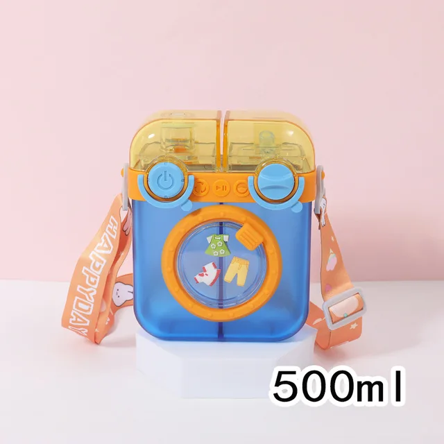 Creative Washing Machine Shaped Water Bottles with Straw,Leak Proof Cute Plastic Bottles with Adjustable Shoulder Strap, Juice Drinking Bottles for Outdoor Sports Travel image 2