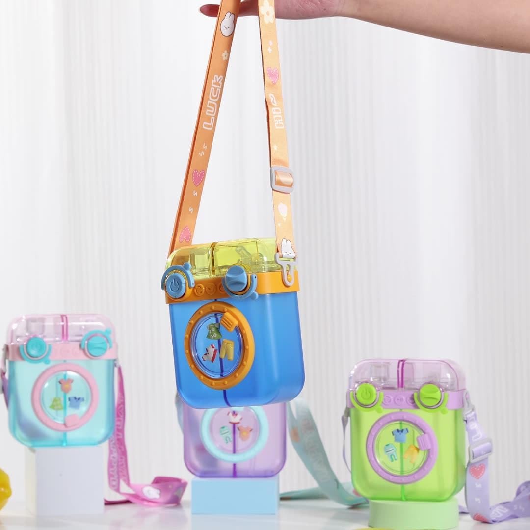 Creative Washing Machine Shaped Water Bottles with Straw,Leak Proof Cute Plastic Bottles with Adjustable Shoulder Strap, Juice Drinking Bottles for Outdoor Sports Travel image 6
