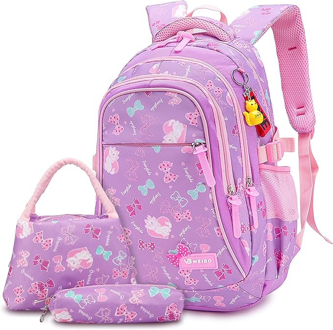 3 piece set school Backpack Kids Bookbags Set for Girls - Purple image