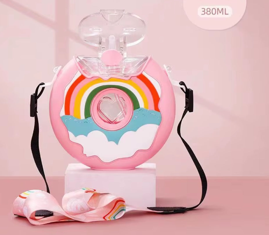 Doughnut Bottle, 380ML Cute Portable Silicone PC 145x145mm Water Bottle with Strap for Travel image 2