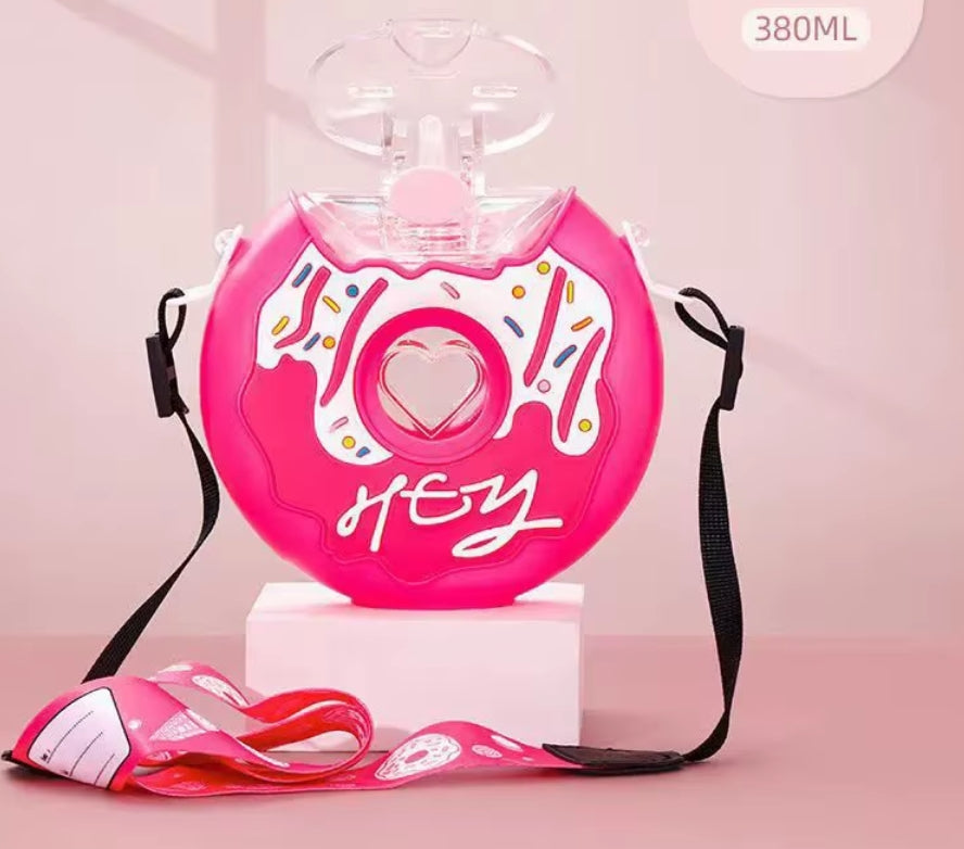 Doughnut Bottle, 380ML Cute Portable Silicone PC 145x145mm Water Bottle with Strap for Travel image 1