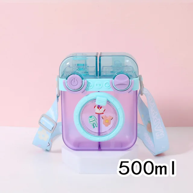 Creative Washing Machine Shaped Water Bottles with Straw,Leak Proof Cute Plastic Bottles with Adjustable Shoulder Strap, Juice Drinking Bottles for Outdoor Sports Travel image 1