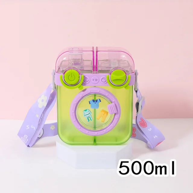 Creative Washing Machine Shaped Water Bottles with Straw,Leak Proof Cute Plastic Bottles with Adjustable Shoulder Strap, Juice Drinking Bottles for Outdoor Sports Travel - Green image