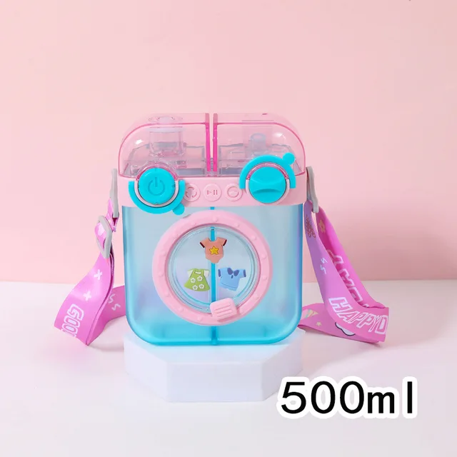 Creative Washing Machine Shaped Water Bottles with Straw,Leak Proof Cute Plastic Bottles with Adjustable Shoulder Strap, Juice Drinking Bottles for Outdoor Sports Travel image 3