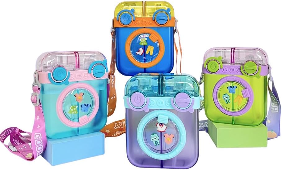Creative Washing Machine Shaped Water Bottles with Straw,Leak Proof Cute Plastic Bottles with Adjustable Shoulder Strap, Juice Drinking Bottles for Outdoor Sports Travel image 5